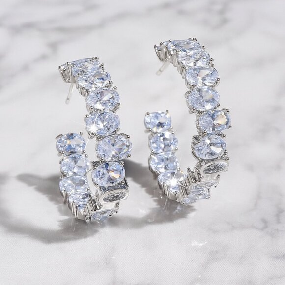 “Kiara” Hoop Earrings Silver Oval CZ Diamonds - Picture 1 of 3